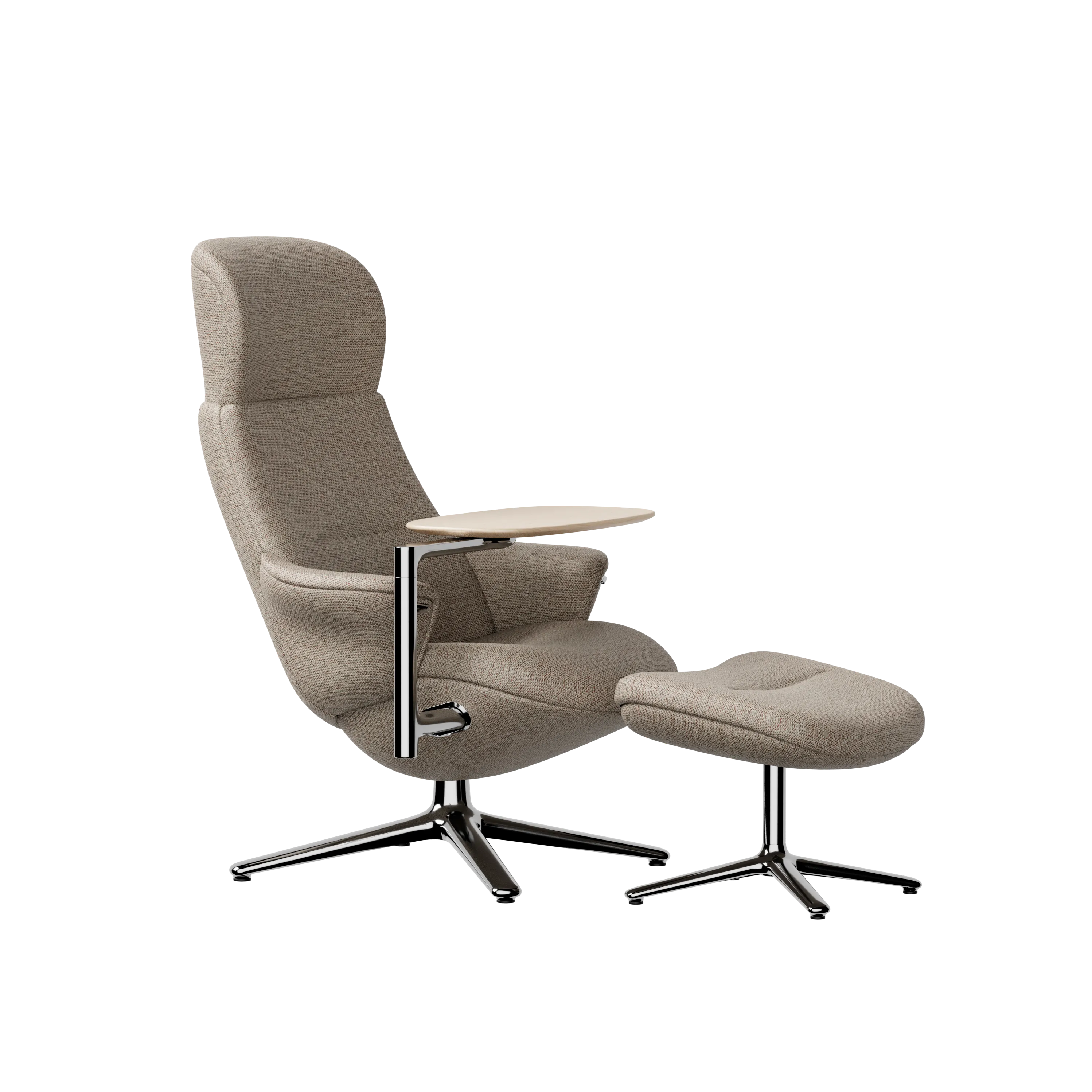 A front diagonal view of the Humanscale Diffrient Lounge chair in taupe fabric, featuring its integrated wooden side table and matching ottoman on polished metal bases