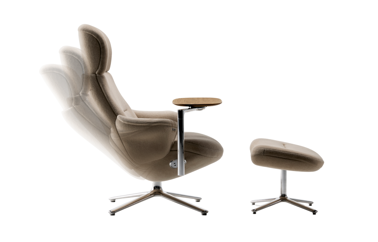A sequence showing the Humanscale Diffrient Lounge chair in three reclining positions, featuring beige textile upholstery, a wooden side table, and a matching ottoman on polished metal bases