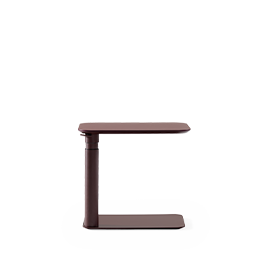 A Humanscale eFloat Micro adjustable side table in a rich Garnet Burgundy finish with a C-shaped base for ergonomic mobile use