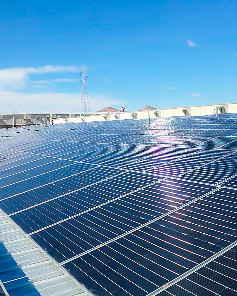 Solar panels on a rooftop with a clear blue sky
