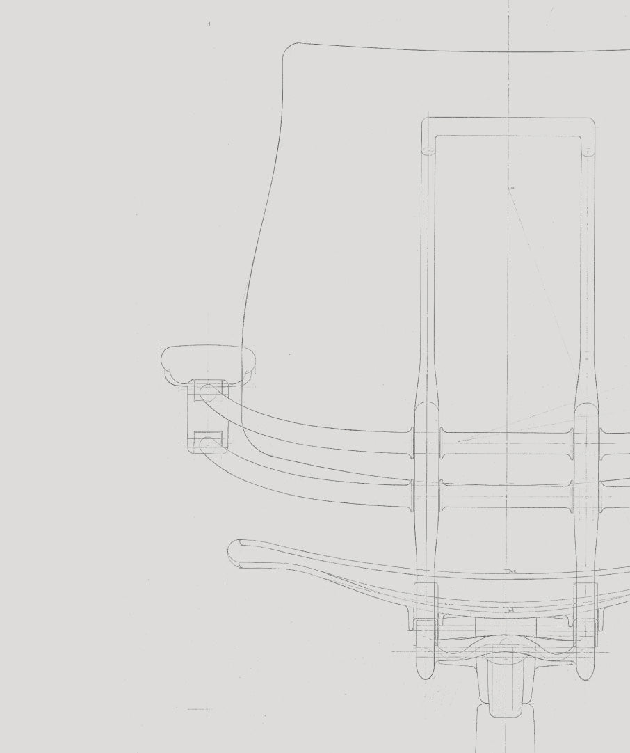 A technical sketch close-up of the Humanscale Freedom Headrest chair, highlighting the back shell and seat mechanical structure and outlines