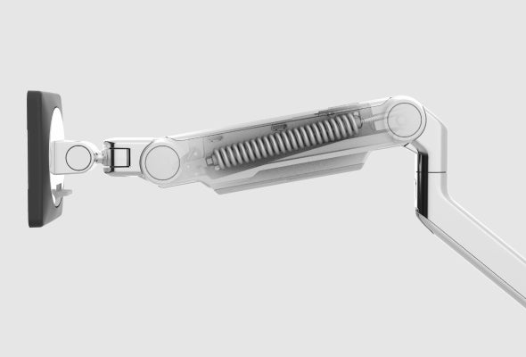 Close up of white Humanscale M2 Pro monitor arm internal spring mechanism.