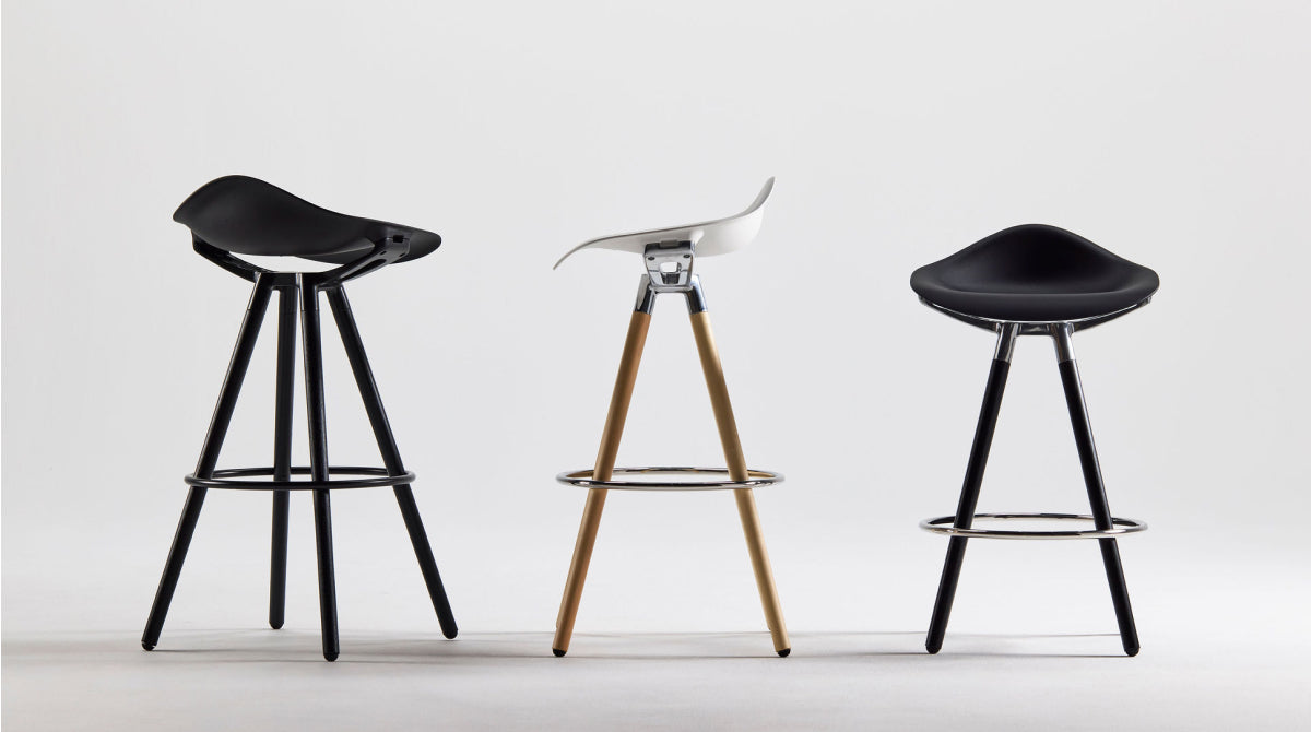 Humanscale Sedeo stools in black and wood finishes with aluminum foot rings.