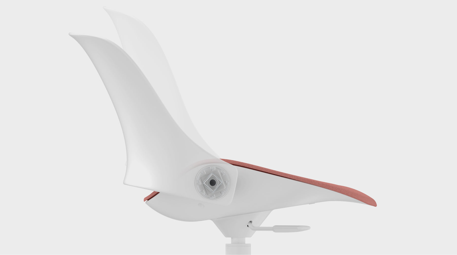 Side profile of a white Humanscale Trea chair showing the reclining mechanism